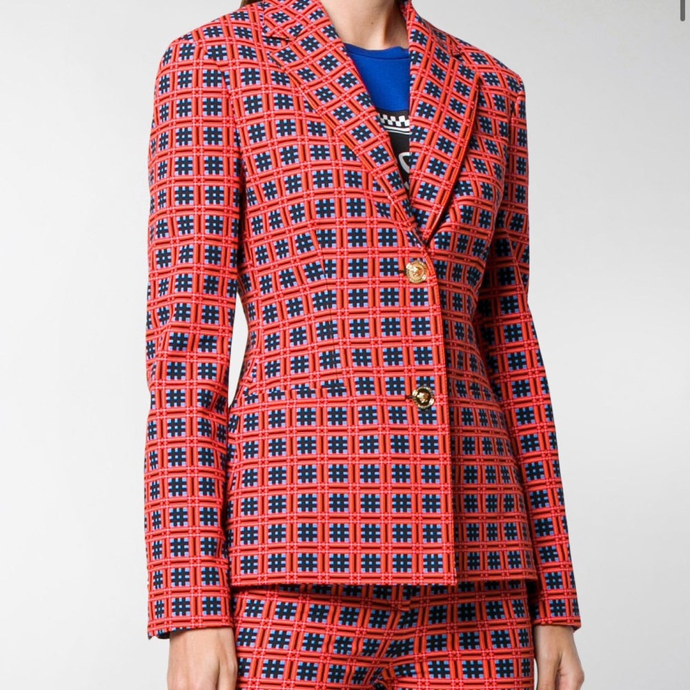 Versace Printed Fire Checkered Tapestry Print Blazer
